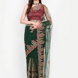BARKIYA CREATION Ethnic Motifs Embroidered Net Saree-44