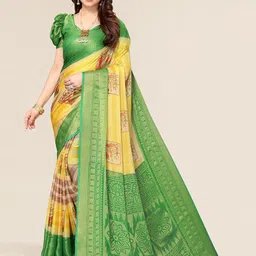 Winza Designer Green & Yellow Floral Zari Brasso Leheriya Saree-picture-13