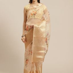 Anouk Cream Colored & Orange Floral Print Organza Saree-picture-37