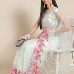Anouk Blue & Maroon Embellished Organza Saree-image-15