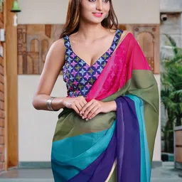 Mitera Colourblocked Saree with Embroidered Blouse-image-11