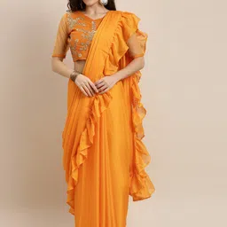 Mitera Mustard Ruffles Saree-image-7