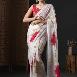 Anouk White Floral Printed Pure Georgette Saree-34