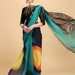 Sangria Teal & Black Embroidered Pure Georgette Saree-image-0
