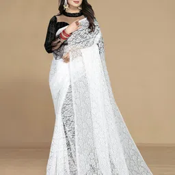 KALINI Women White Floral Net Saree With Unstitched Blouse-picture-12