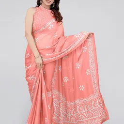 KALINI Batik Poly Chiffon Block Print Saree With Blouse Piece image 1