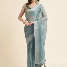 Mitera Sea Green & Gold-Toned Ethnic Motifs Woven Design Zari Pure Chiffon Saree-picture-56