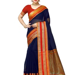 Sidhidata Women Blue & Orange Woven Design Zari Kota Saree-25