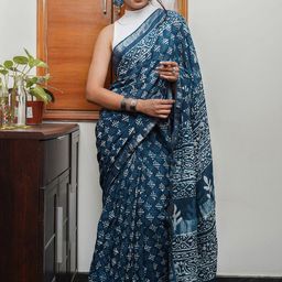 TEEJH Floral Zari Linen Blend Block Print Saree-10