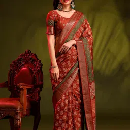 Anouk Rust Floral Printed Zari Sungudi Saree-31