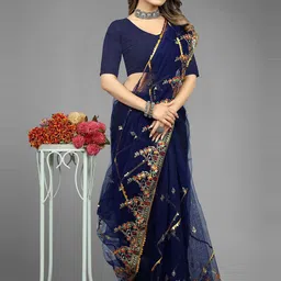 BARKIYA CREATION Embellished Beads & Stones Net Saree-picture-1