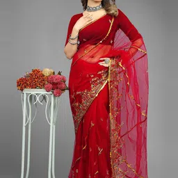 BARKIYA CREATION Embellished Beads & Stones Net Saree-picture-2