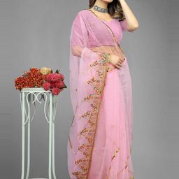 BARKIYA CREATION Ethnic Motifs Embroidered Net Lace Saree-image-29