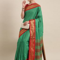 KALINI Green & Red Checked Zari Silk Cotton Uppada Saree-image-65