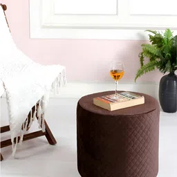 Shadowkart Coffee Brown & Beige Round Tufted Wooden Ottoman-image-76