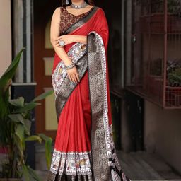 J 6 DESIGNER Kalamkari Printed Woven design Zari Saree-image-10