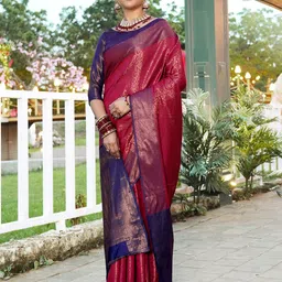 Anouk Fuchsia & Blue Woven Design Floral Zari Art Silk Kanjeevaram Saree-image-21