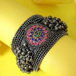 TANAIRA German Silver Brass-Plated Stone Studded & Beaded Oxidised Meenakari Cuff Bracelet-image-4