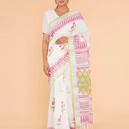 Shivanya Handicrafts Floral Linen Blend Block Print Saree-17
