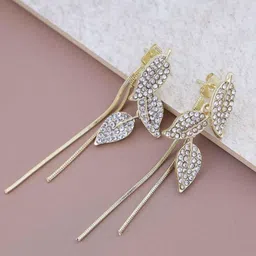 FIMBUL Gold-Plated Artificial Stones Studded Leaf Shaped Drop Earrings-17