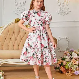 White World Girls Floral Print Puff Sleeve Fit & Flare Dress-image-69