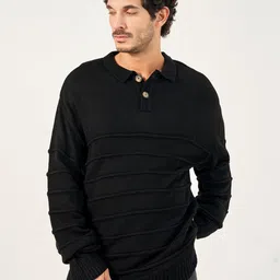 Styli Men Relaxed Fit Stripe Textured Collared Sweater-image-9