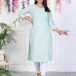 ASANSHI Floral Embroidered Thread Work Round Neck Pure Cotton Straight Kurta-picture-28
