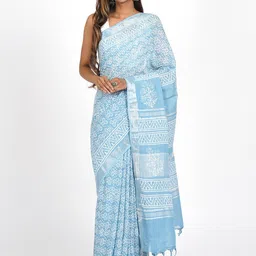 TEEJH Floral Zari Block Print Saree With Blouse Piece image 5