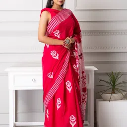 TROPWEAR Ethnic Motifs Pure Cotton Jaipuri Mulmul Block Print Saree image 2