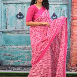 JALTHER Floral Printed Jaipuri Pure Cotton Mulmul Block Print Saree image 3