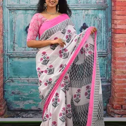 JALTHER Geometric Block Print Jaipuri Pure Cotton Mulmul Saree image 2