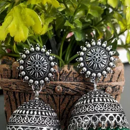 JEWELOPIA Silver-Plated Artificial Beaded Oxidised Dome Shaped Jhumkas-25