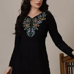 AURELIA Floral Embroidered Thread Work V-Neck A-Line Kurti-image-86
