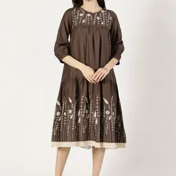Saffron Threads Embellished Embroidered Keyhole Neck Bishop Sleeve A-Line Midi Dress-image-79
