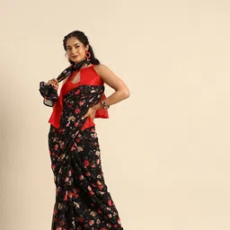 Sangria Black & Peach-Coloured Printed Saree-picture-6