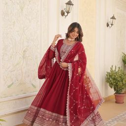 Fusionic Embroidered Fit & Flare Dress With Dupatta-image-75