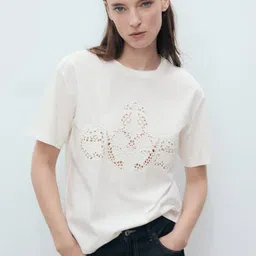 MANGO Lace Insert Detail Drop-Shoulder Sleeves Pure Cotton Relaxed Fit T-shirt-image-46