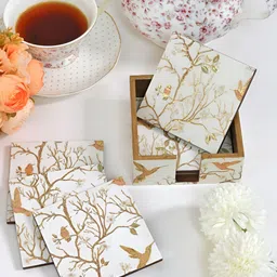 CasaGold 7Pcs White Printed Wooden Square Coasters With Stand-picture-58