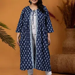 Indietoga Women Printed Ethnic Tasselled Longline Indigo Tie-Up Shrug-39