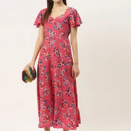 DressBerry Women Floral Print Flutter Sleeve Crepe A-Line Maxi Dress-15