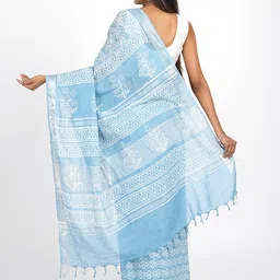 TEEJH Floral Zari Block Print Saree With Blouse Piece image 4