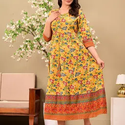 L.H HANDICRAFTS Floral Printed Round Neck Fit & Flare Cotton Maxi Dress-picture-1