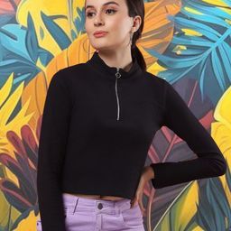 Rigo Women Black High Collar Half Zipper Waffle Knit Top-picture-28