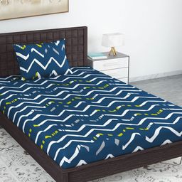 Divine Casa Navy Blue & White 144 TC Single Bedsheet with 1 Pillow Covers-image-99