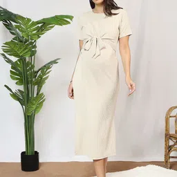 MomToBe Women's Polyester Linen Cream Maternity Dress-picture-19