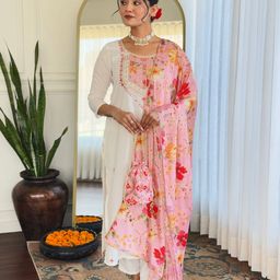 KALINI Ethnic Motifs Embroidered Kurta With Trouser And Dupatta-image-58