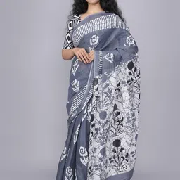 TROPWEAR Ethnic Motifs Pure Cotton Block Print Saree-image-39