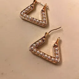 RaasRani Stainless Steel Rose Gold Plated Pearls Beaded Triangular Shaped Hoop Earrings-3