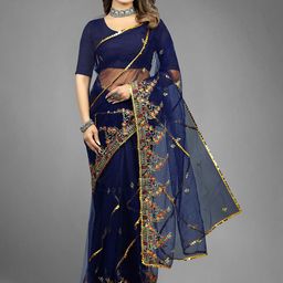 BARKIYA CREATION Embellished Beads & Stones Net Saree image 5