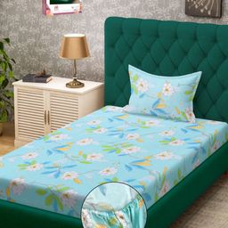 Myntra Elegant Homes Blue Floral Printed 300 TC Single Bedsheet Set 2.20 m x 1.50 m-image-69